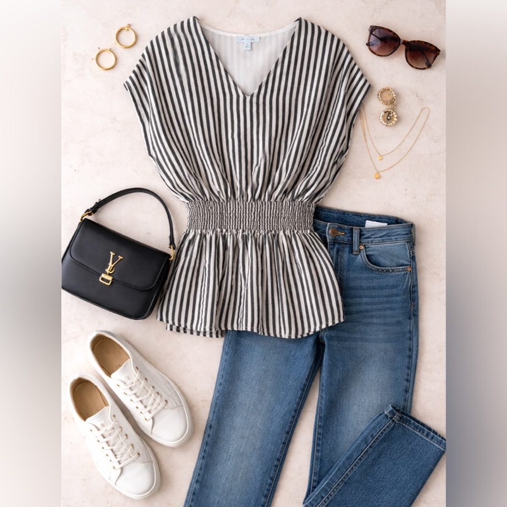 NWT She + Sky Gray & White Striped V-Neck Blouse Shirt Top